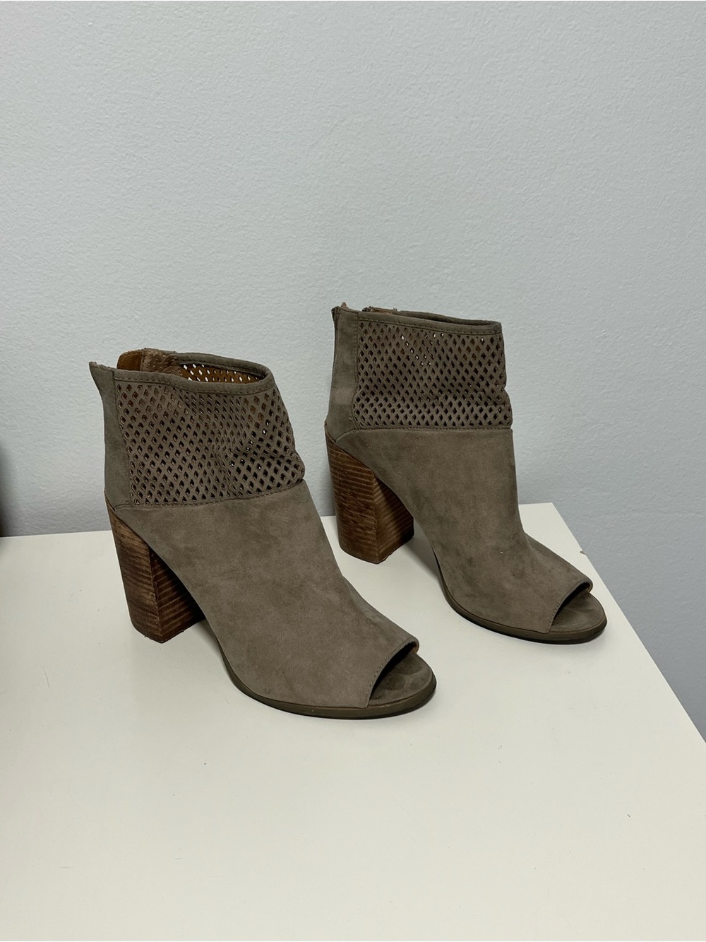Women's Taupe Suede Peep-Toe Block Heel Booties